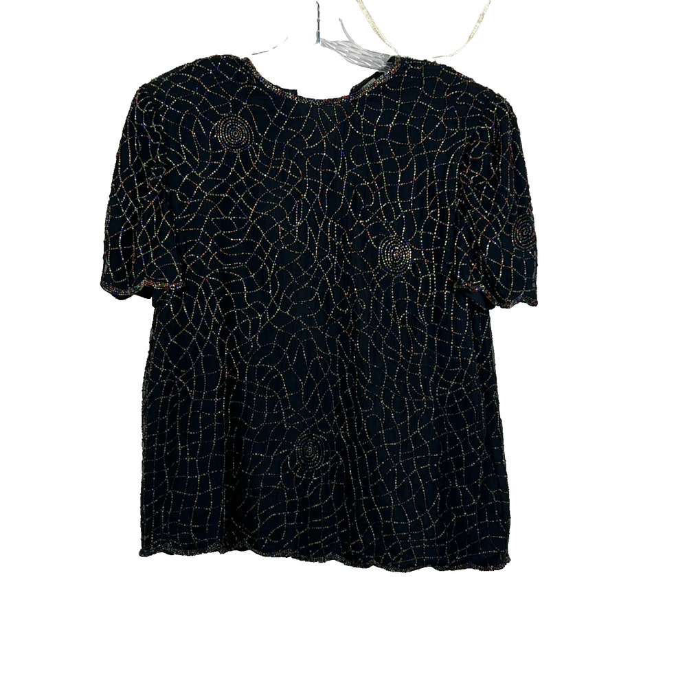 Laurence Kazar Top Women's XL Colorful Beaded Black Short Sleeve Pure Silk